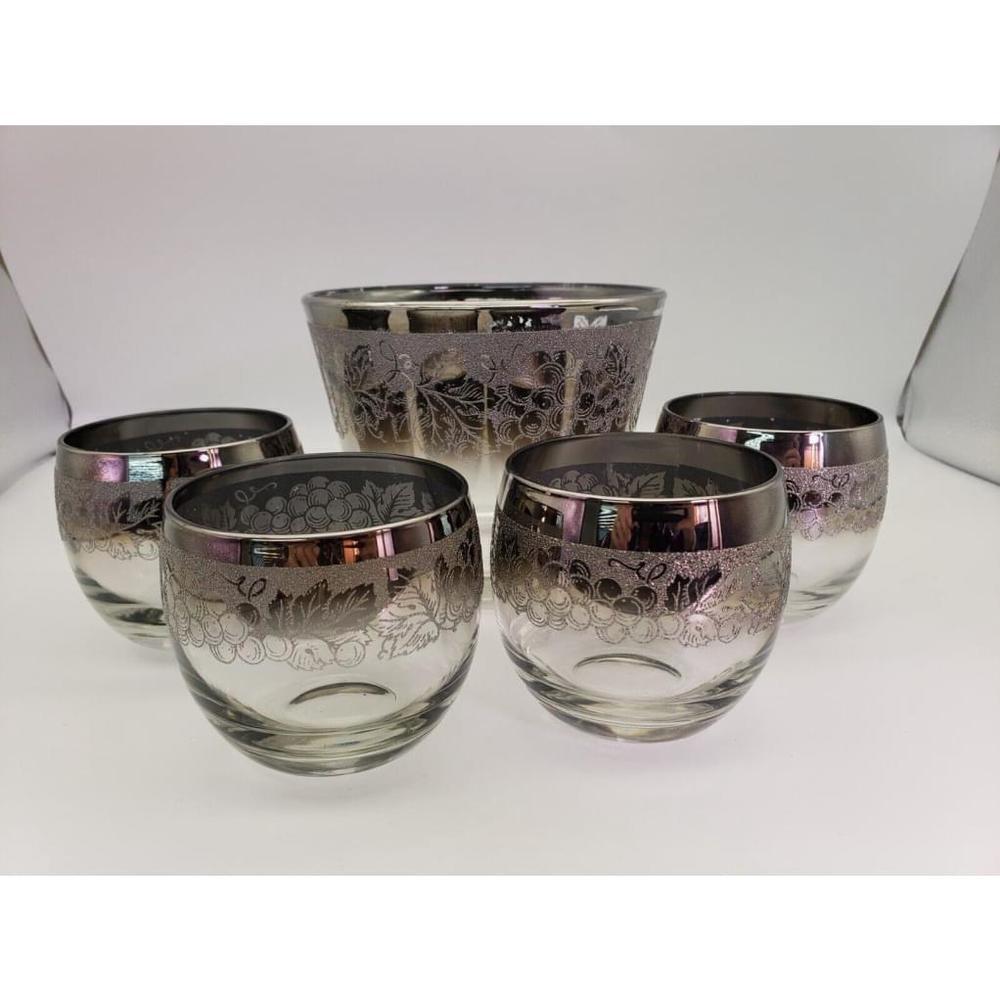 Vintage Vitreon Queen's MCM Silver Fade Grape Glasses & Ice Bucket